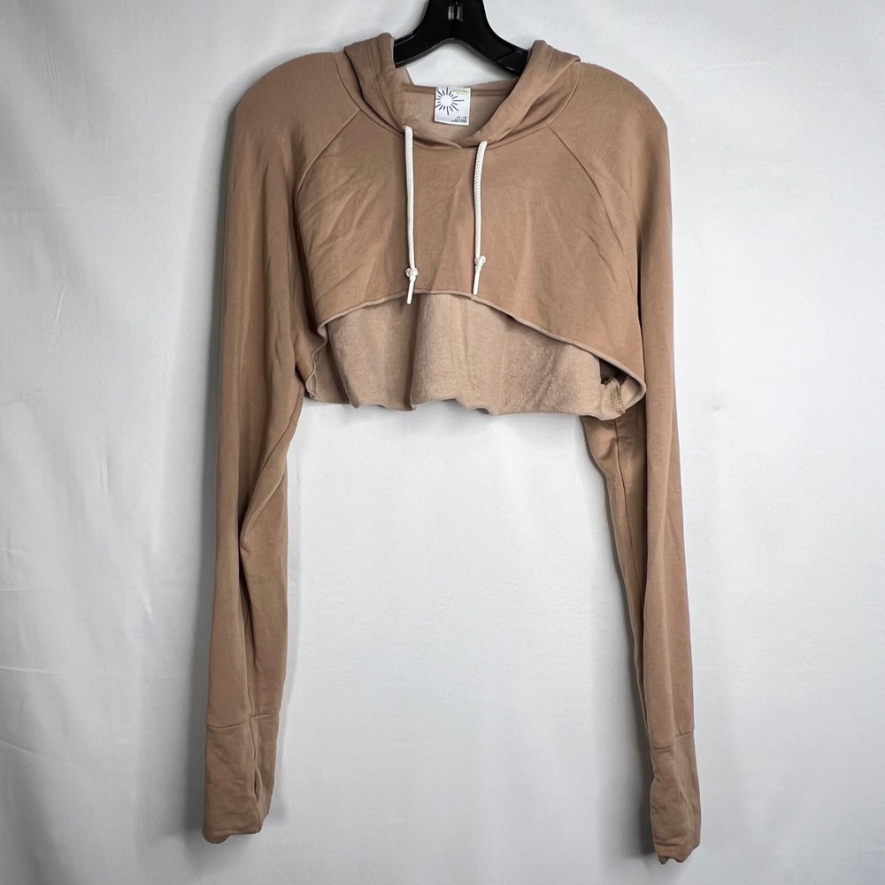 OFFLINE by Aerie Tan Cropped Hoodie Women XL Raw Hem Thumbholes‎ Athleisure